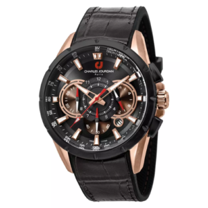 CHARLES JOURDAN CHRONOGRAPH ORIGINAL MEN CJ1029-1532C FRENCH MADE BLACK DIAL RUBBER & LEATHER STRAP