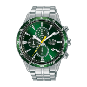 ALBA CHRONOGRAPH ORIGINAL MEN AM3825  JAPAN MADE GREEN DIAL STAINLESS STEEL STRAP